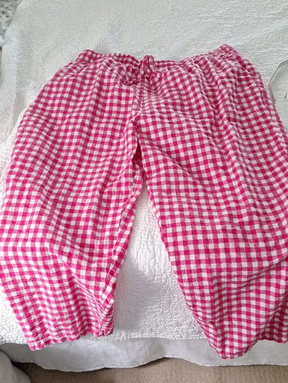 Woman Within 22 Petite Pink White Gingham Pants Drawstring Waist Strwtch Pockets